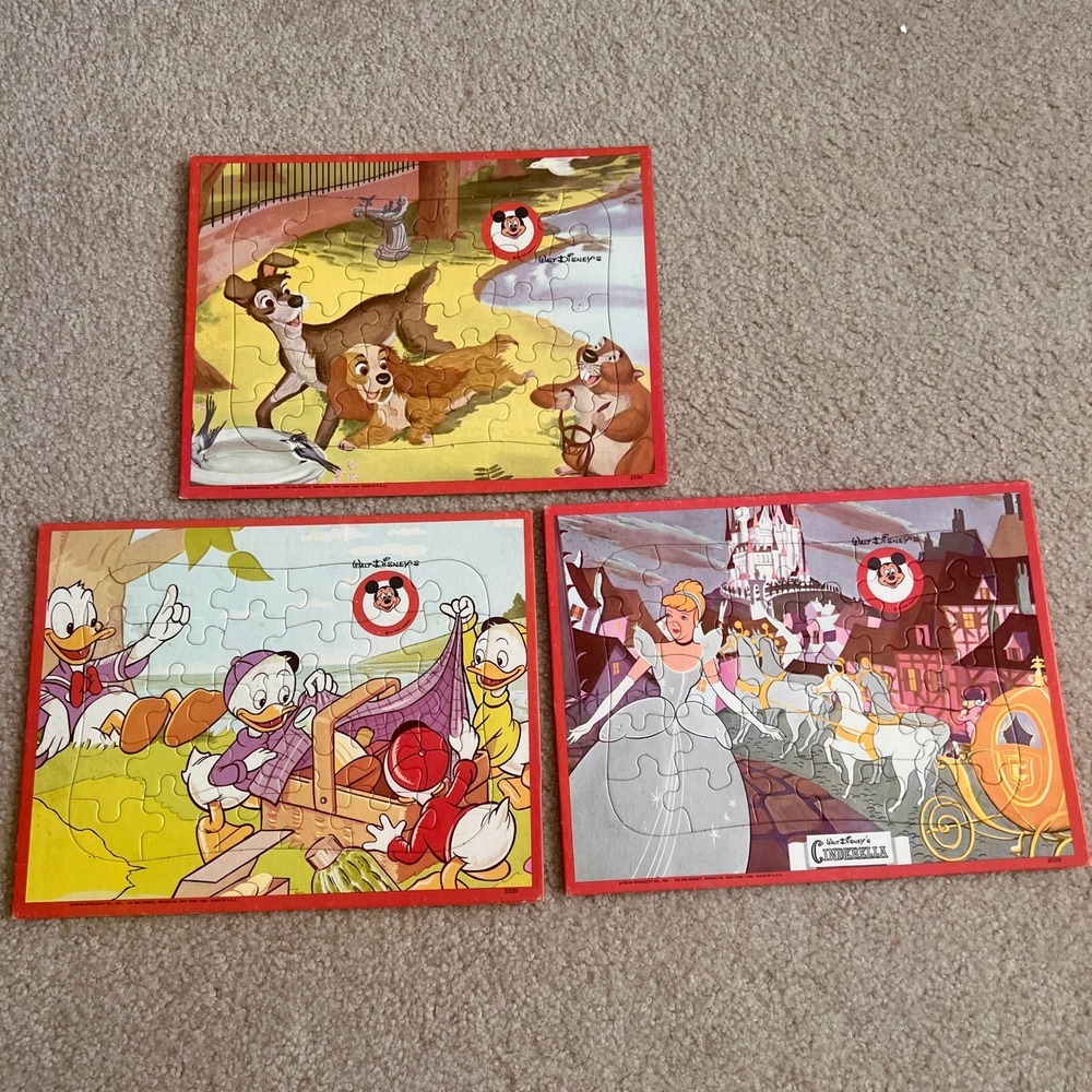 Vintage Walt Disney Framed Tray Puzzle Lot of 3 Lady Cinderella Donald‎ Duck